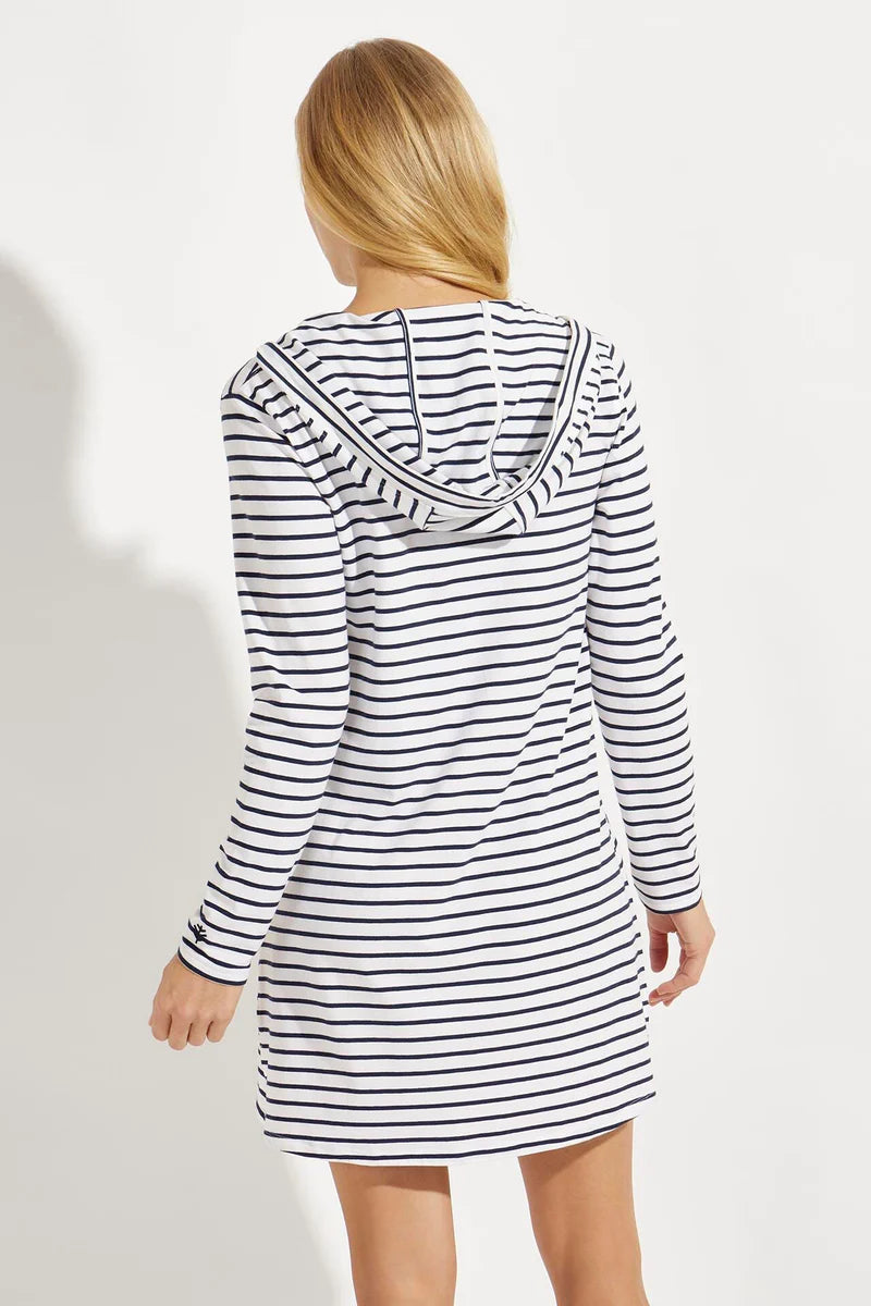 Robe anti-UV à rayures pour femme, tissu léger UPF50+, idéale pour les journées ensoleillées à la plage.