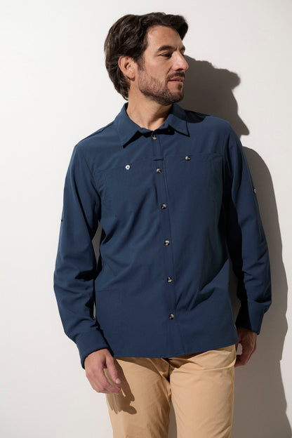 Chemise anti-UV homme bleu, légère et confortable, idéale pour les activités en plein air, protection UPF 50+.