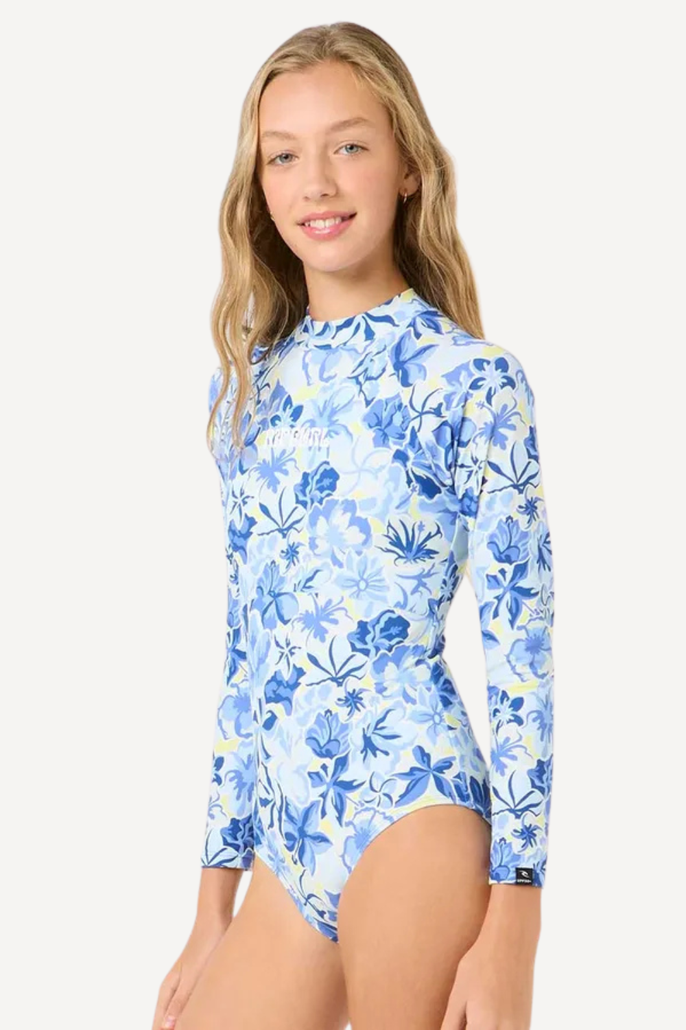 Maillot de bain anti-UV pour fille, imprimé floral bleu, UPF 50+, idéal pour la plage et les sports aquatiques.