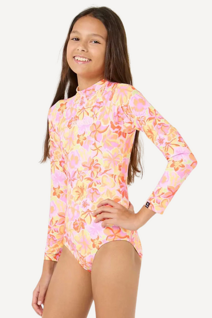 Maillot de bain anti-UV pour fille, manches longues, UPF 50+, imprimé floral, idéal pour la plage.