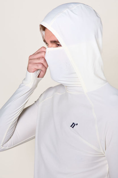 T-shirt de bain anti-UV blanc avec capuche et masque intégré, idéal pour la protection solaire UPF50+.