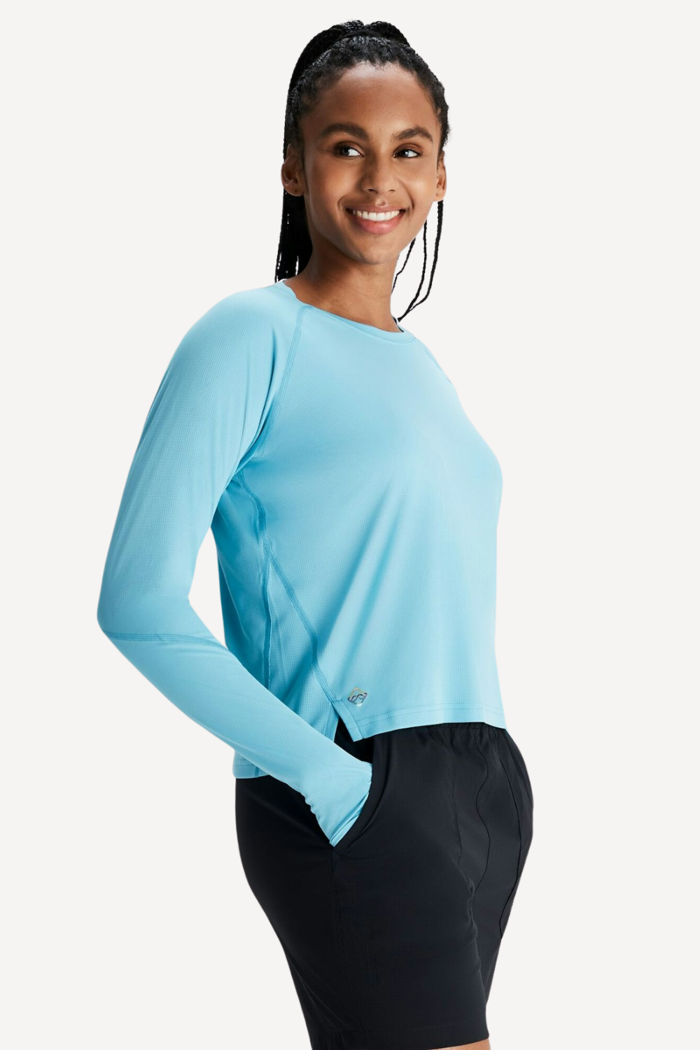 T-shirt anti-UV léger et respirant pour femme, couleur bleue, UPF 50+, idéal pour activités en extérieur.