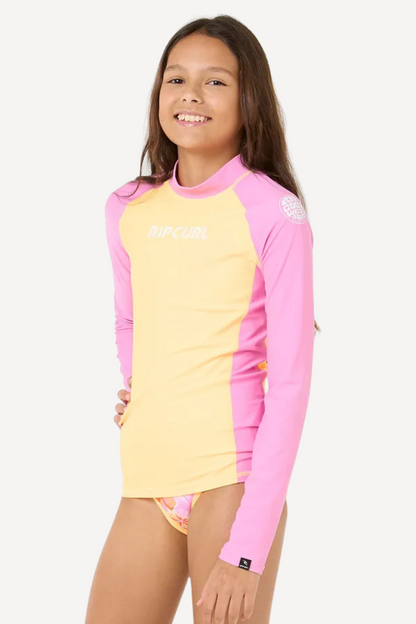 T-shirt de bain anti-UV pour fille, manches longues, UPF 50+, couleur rose et jaune, idéal pour la plage.